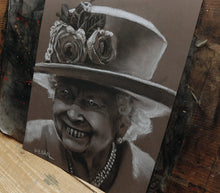 Load image into Gallery viewer, Roses. Portrait of Queen Elizabeth II. Conté crayon on Paper
