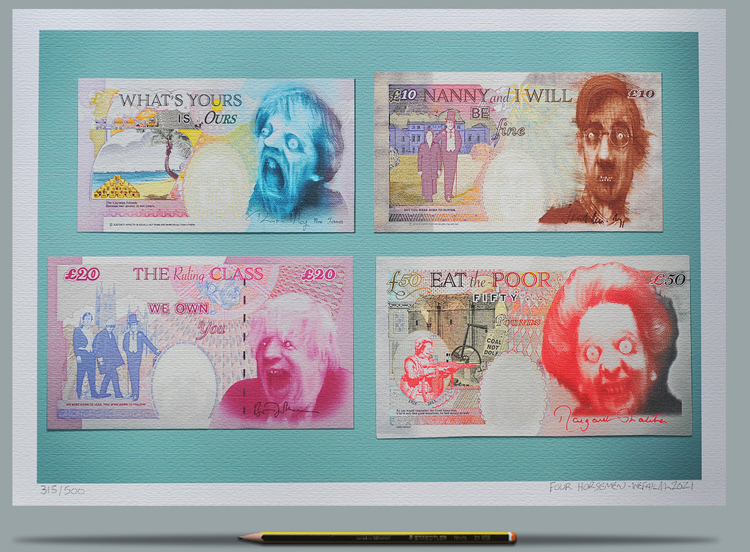 Tory banknotes depicting May, Rees-Mogg, Boris and Thatcher.