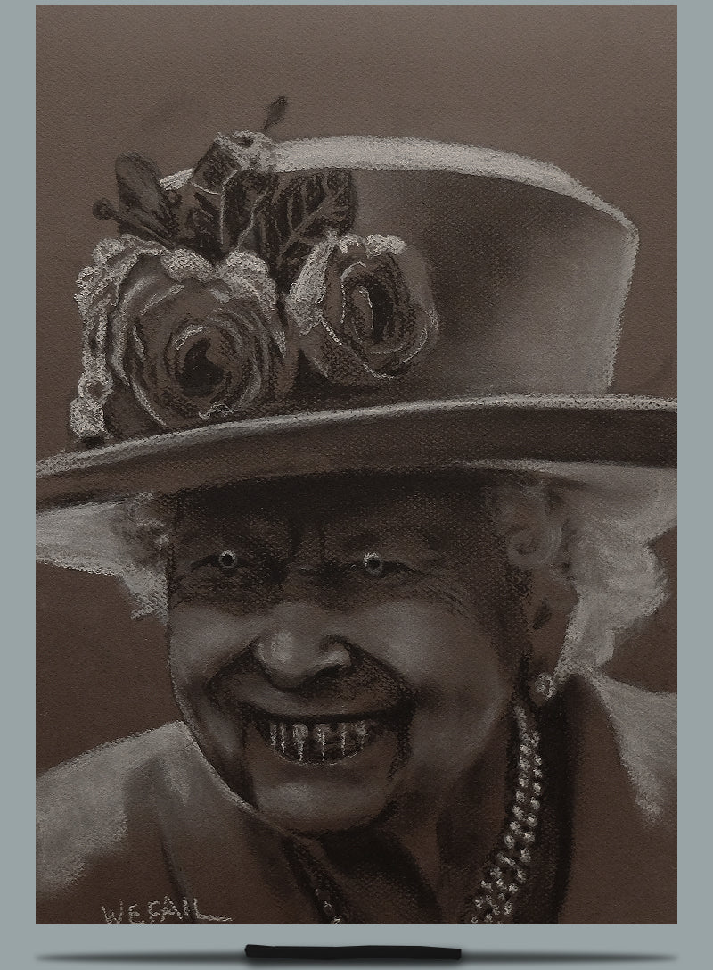 Roses. Portrait of Queen Elizabeth II. Conté crayon on Paper